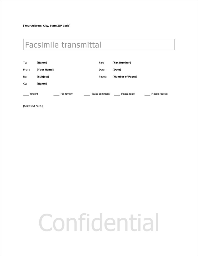 Screenshot of fax cover template in Microsoft Docx format