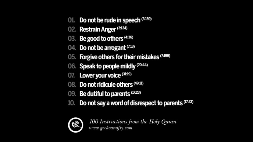 Do not be rude in speech Restrain Anger Be good to others Do not be arrogant Forgive others for their mistakes Speak to people mildly Lower your voice Do not ridicule others Be dutiful to parents Do not say a word of disrespect to parents Instructions By God In The Holy Quran For Mankind Muslim Islam Quotes