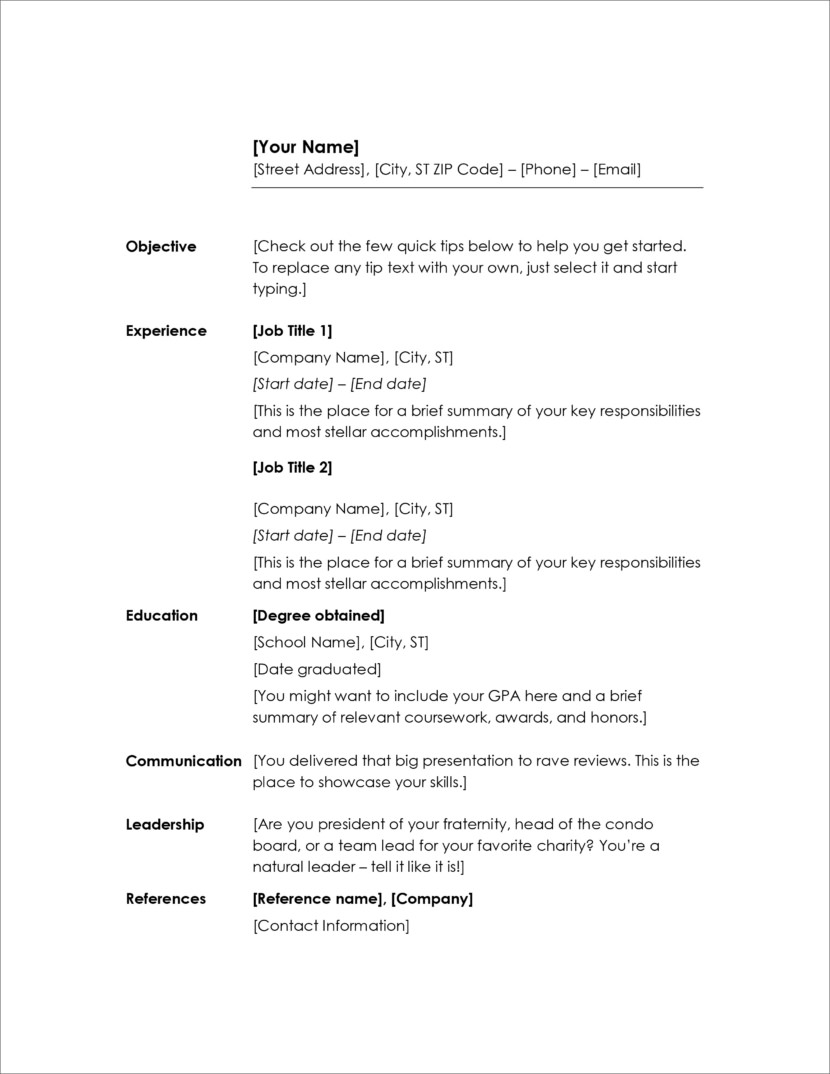 Screenshot of resume and CV template in Microsoft Office Docx format or Google Docs format that is available for download for free