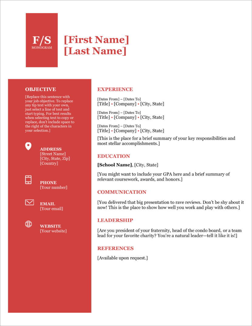 Screenshot of resume and CV template in Microsoft Office Docx format or Google Docs format that is available for download for free