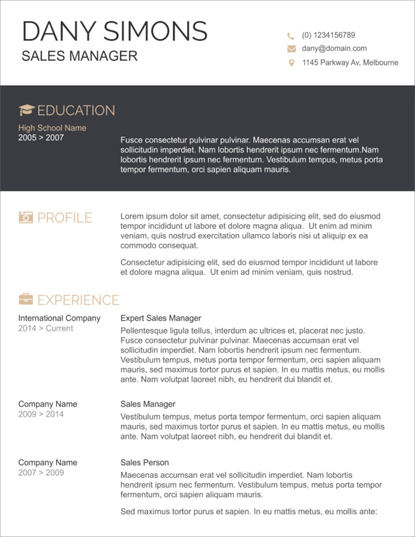 Screenshot of resume and CV template in Google Docs format that is available for online use and can be downloaded and converted into Microsoft DocX for free