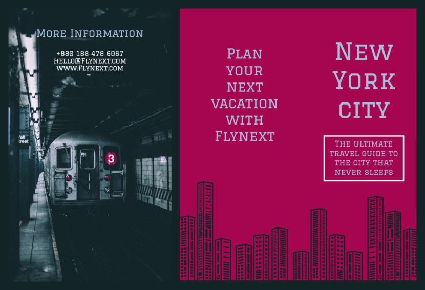 Screenshot of travel brochure template, New York and trains design