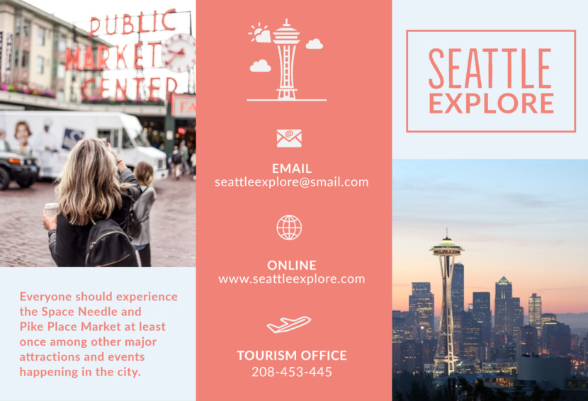 Screenshot of travel brochure template, Washington Seattle design