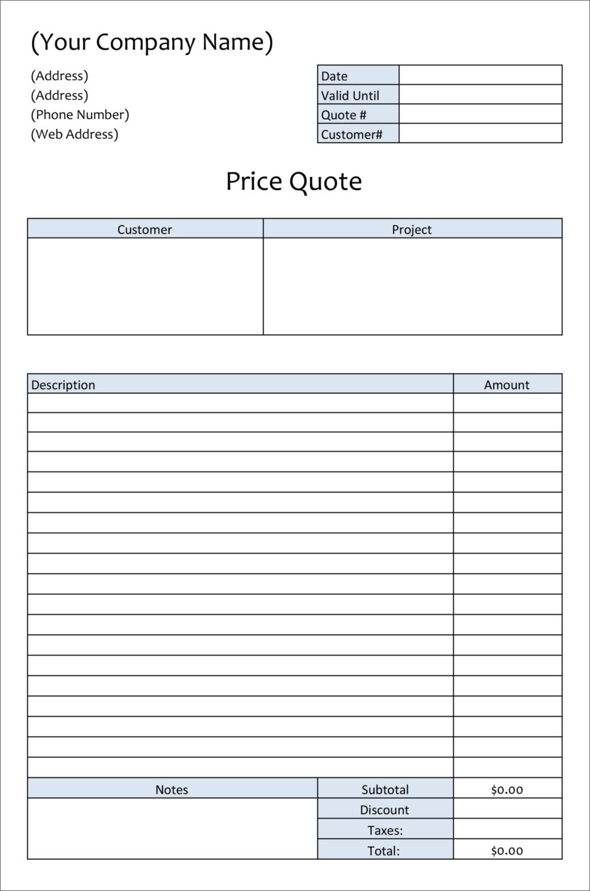 Screenshot of price estimation, service bids and sales quotation template in Microsoft Excel