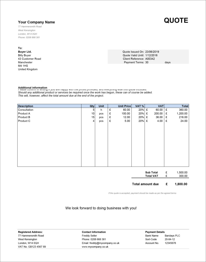 Screenshot of price estimation, service bids and sales quotation template in Microsoft Excel