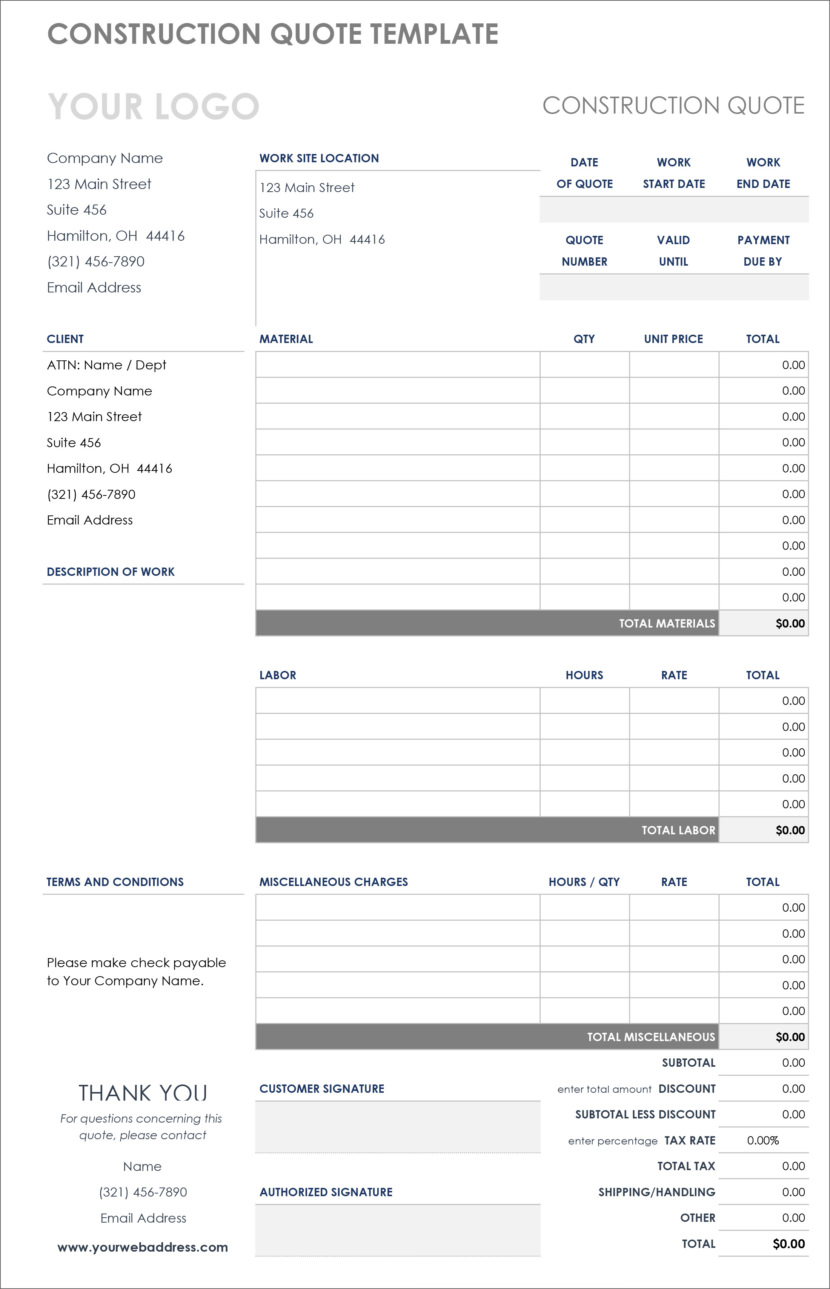 Screenshot of price estimation, service bids and sales quotation template in Microsoft Excel