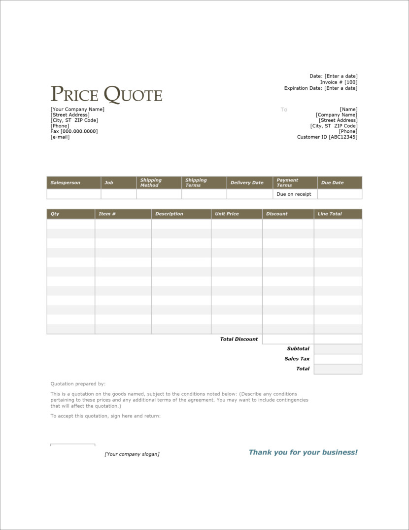 Screenshot of price estimation, service bids and sales quotation template in Microsoft Docs