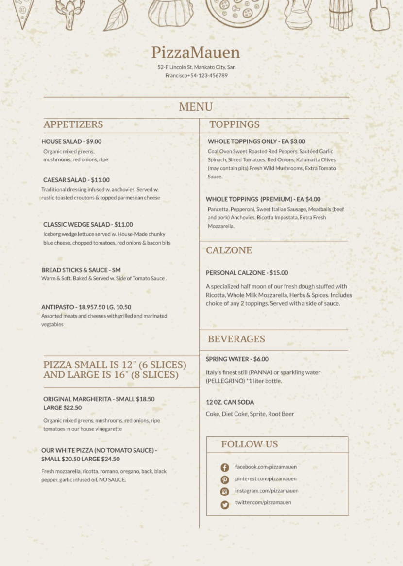 Screenshot of free simple food menu template for restaurants and cafes, for pizza and italian food