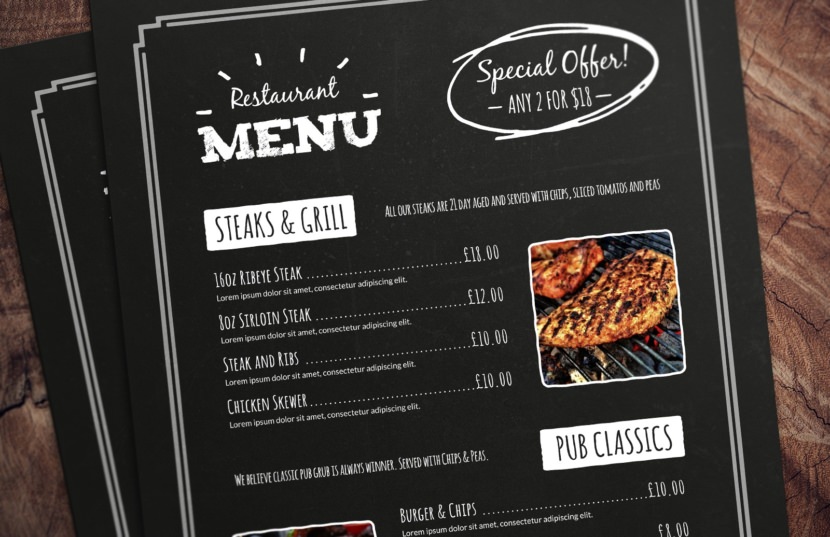Screenshot of free simple food menu template for restaurants and cafes, for pizza dinner
