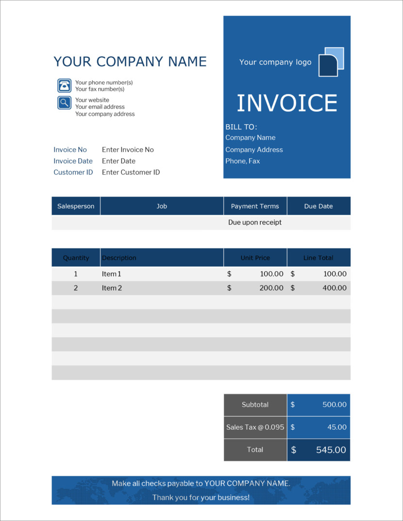 Screenshot of invoice template available in Micosoft Excel, downloadable in Docx and Xlsx format