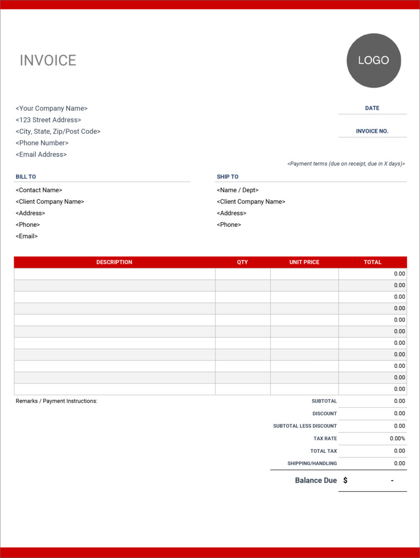 Screenshot of free invoice template by Google Sheets, downloadable in Docx and Xlsx format