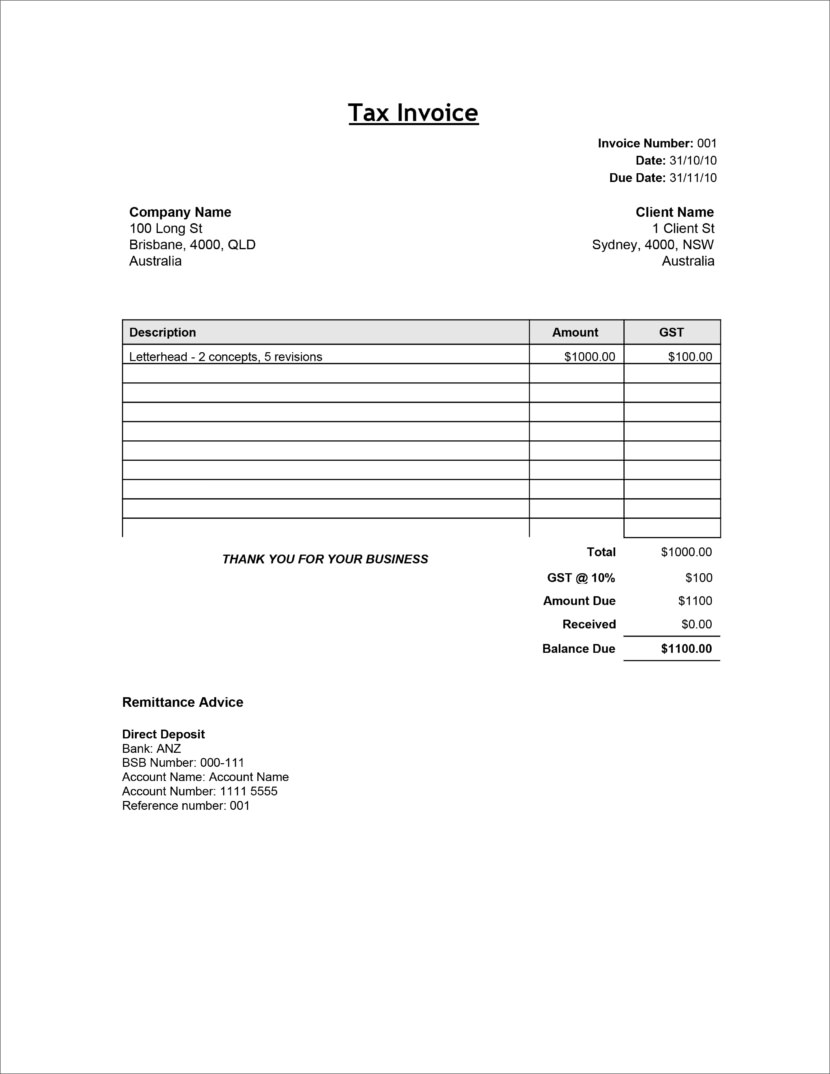 Screenshot of free tax invoice template by Google Sheets, downloadable in Docx and Xlsx format