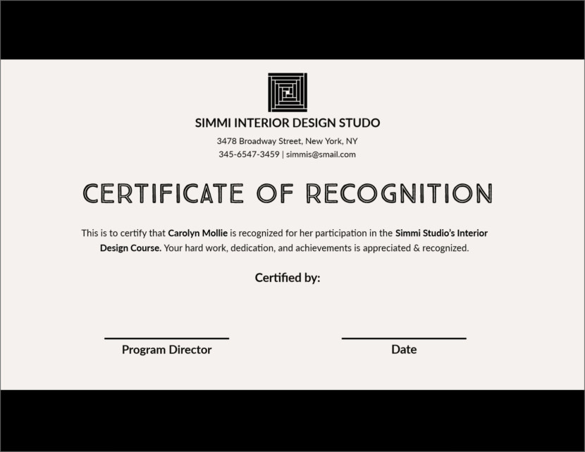 Screenshot of blank recognition certificate template