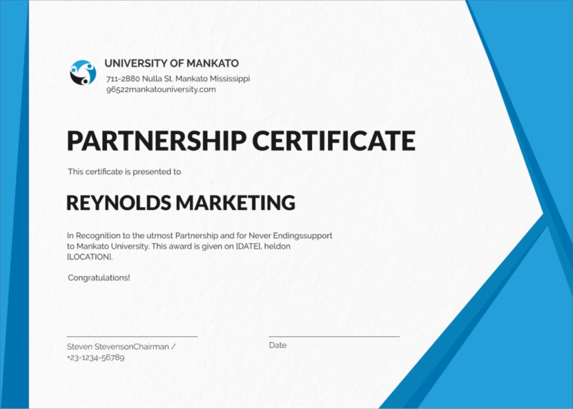 Screenshot of blank partnership markerting certificate template