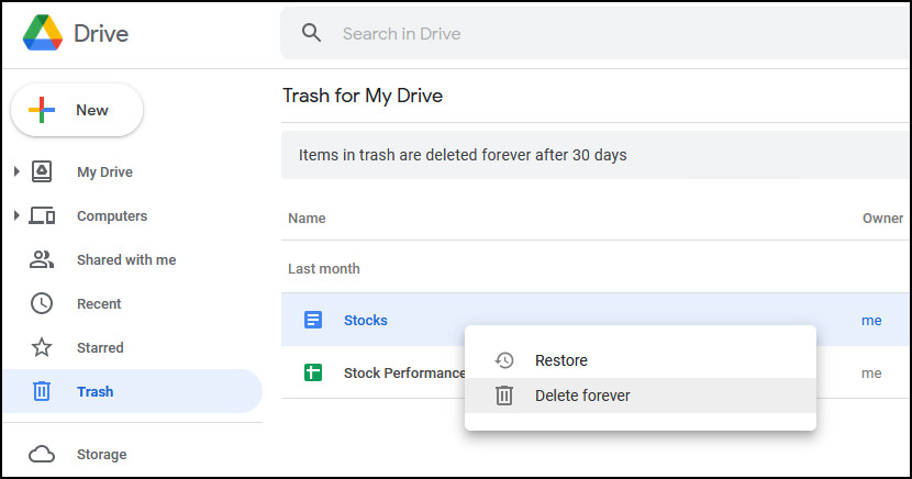Google Drive delete forever button
