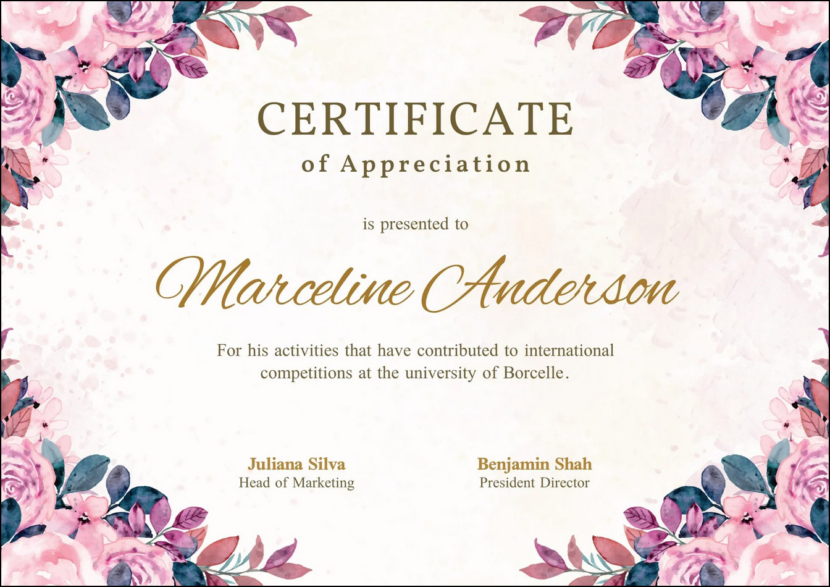 Gold and Pink Floral Watercolor Appreciation Certificate