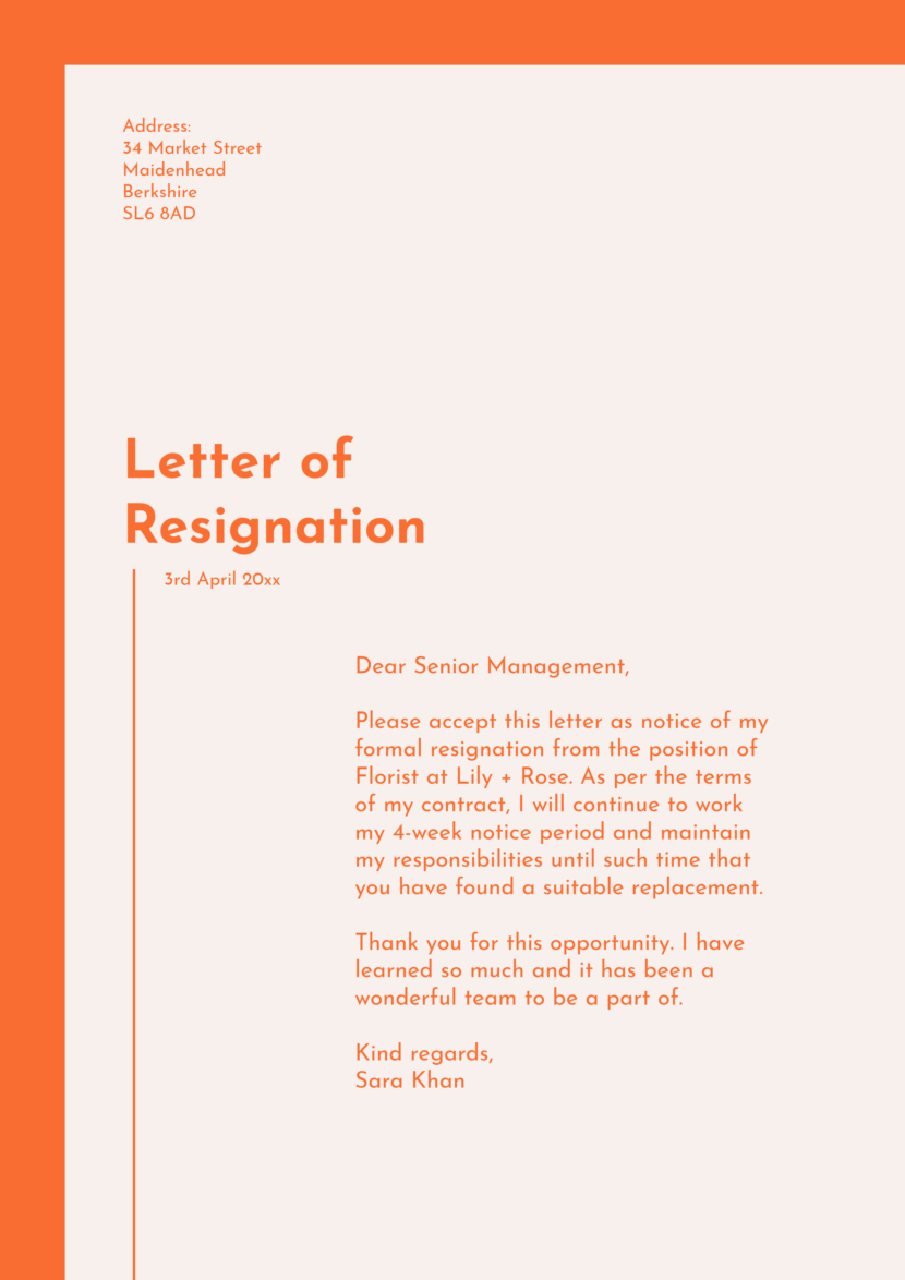 Orange Florist Resignation Letter