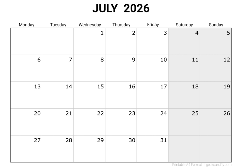 Download printable July 2026 blank monthly calendar