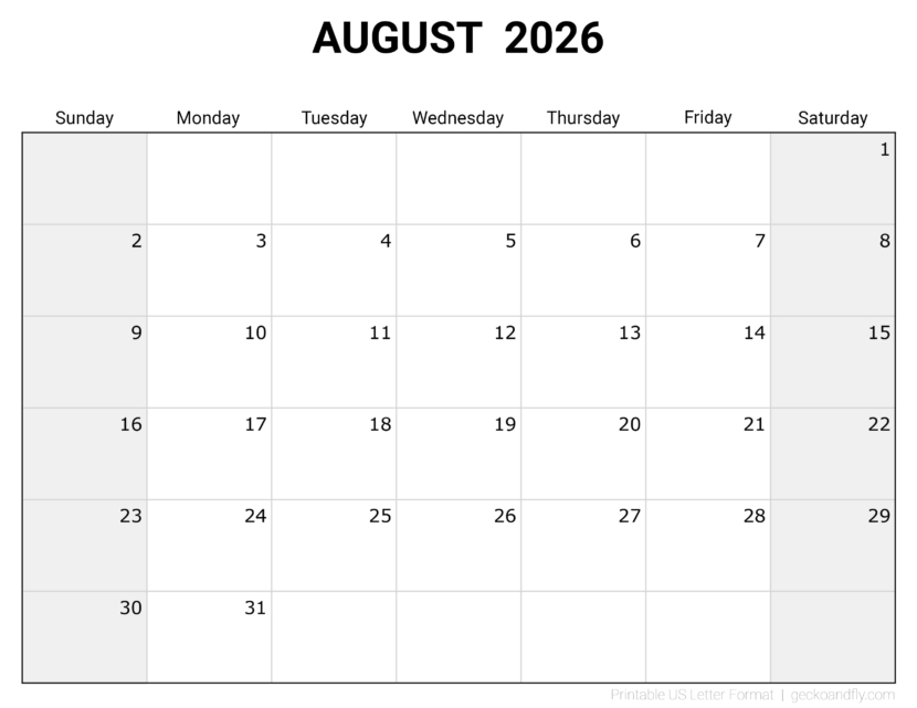 Download printable August 2026 blank monthly calendar