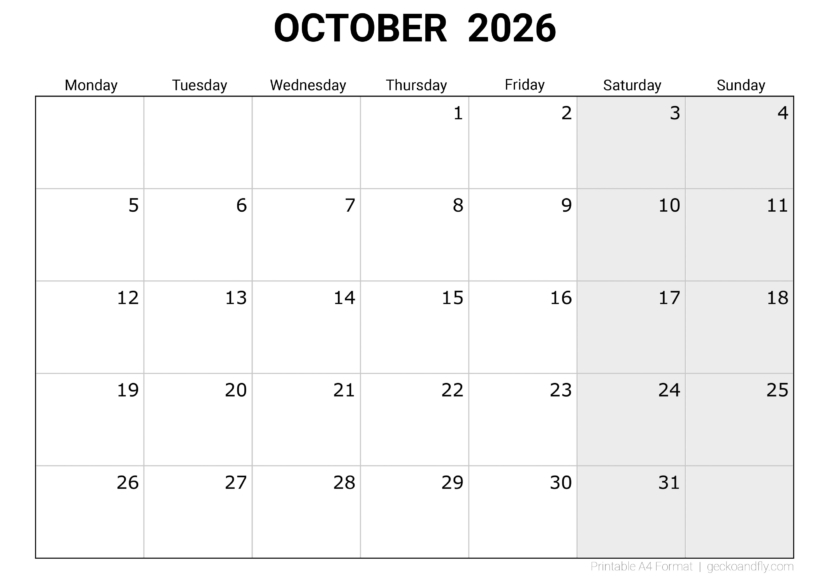 Download printable October 2026 blank monthly calendar