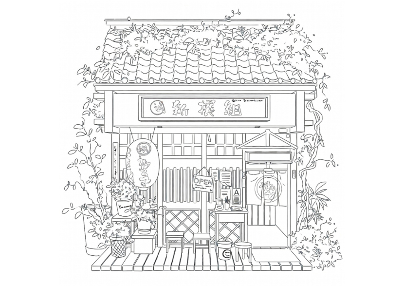 free printable adult coloring Sheet of Japanese store front
