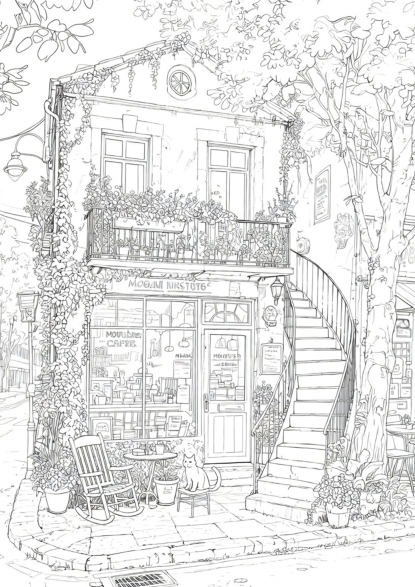 free printable adult coloring Sheet of street store front