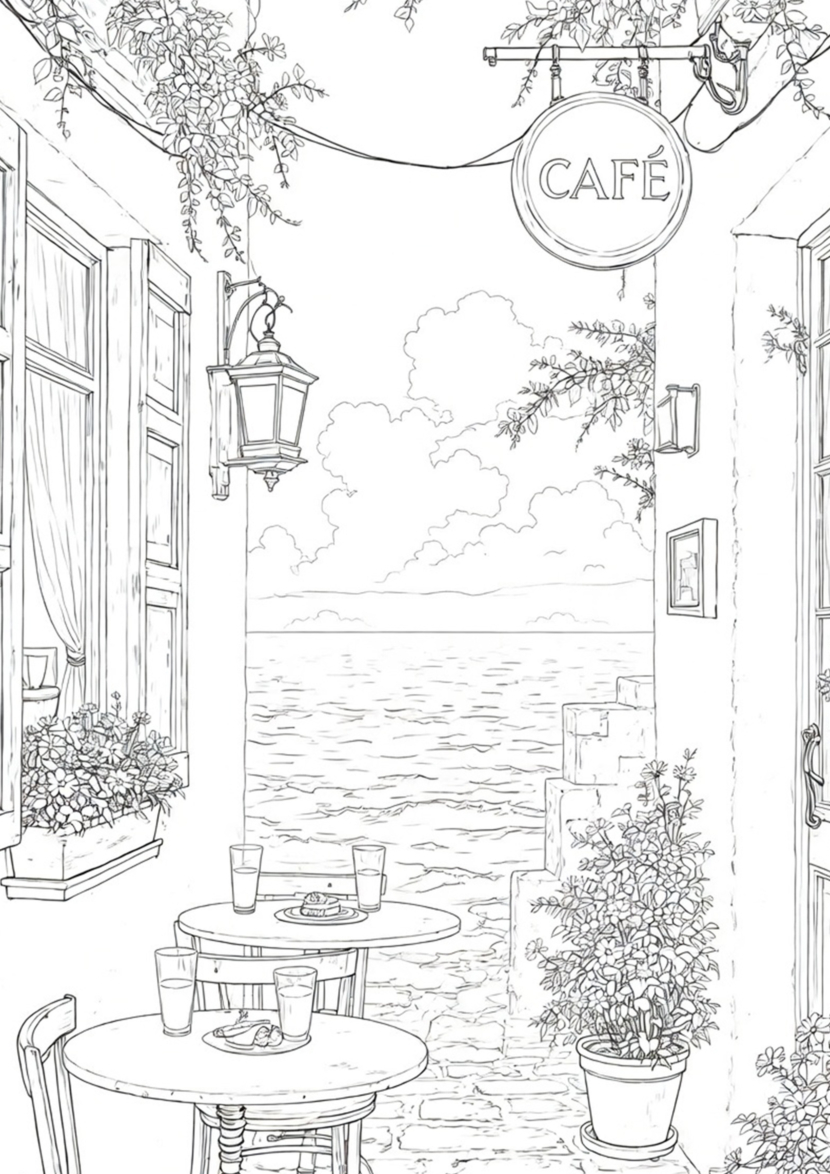free printable adult coloring Sheet of seaside street view