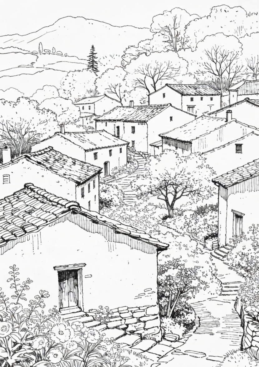 free printable adult coloring Sheet of rural village