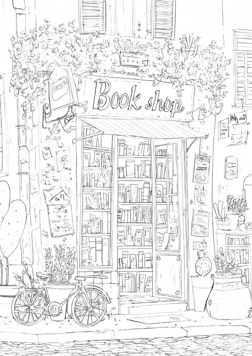 free printable adult coloring Sheet of bookshop store front