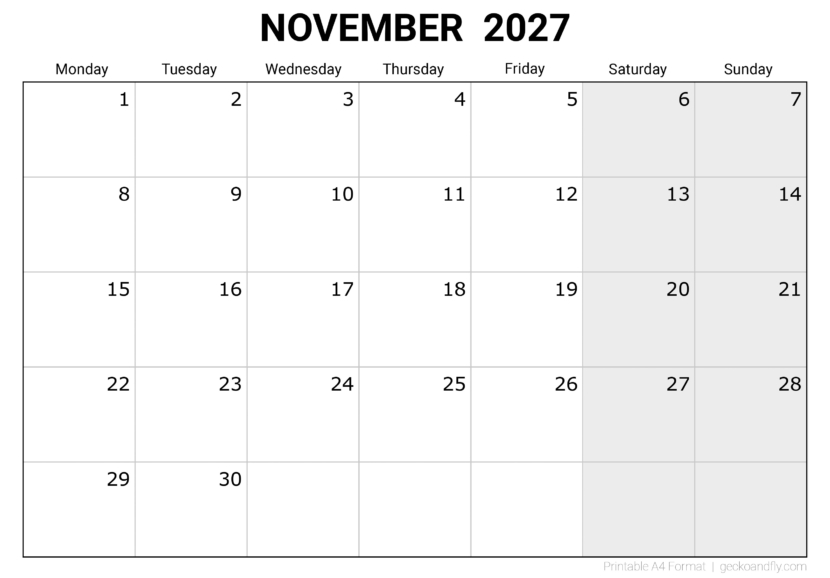 Free Printable November 2027 Monthly Calendar